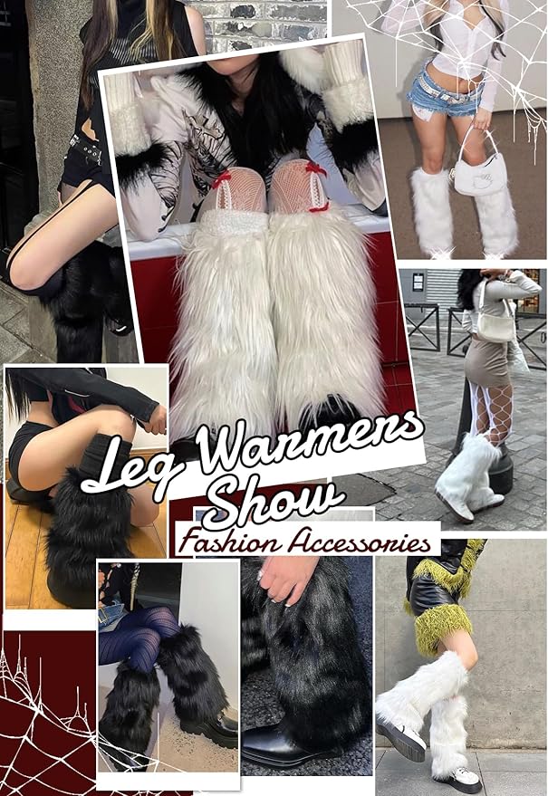 Zando Furry Faux Fur Leg Warmers for Women - Soft Fluffy Legwarmer Winter Boot Cuffs Covers for Daily Halloween Santa Costume