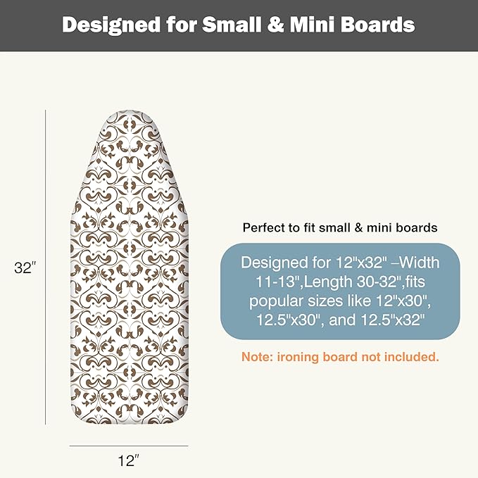 Small Ironing Board Cover and Pad 12"x32" Small Iron Board Cover with Padding,Tabletop Mini Ironing Board Cover and Pad Small Size, Cotton Canvas, Heat Resistant, Drawstring Taupe