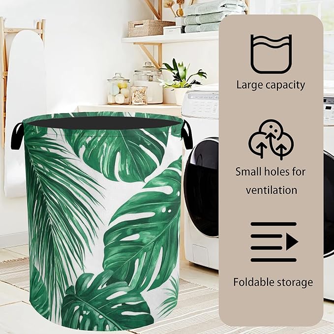 Tropical Leaves Laundry Basket with Handles - Extra Large Foldable Hamper for Bathroom/Laundry/Bedroom/Dorm, Washable Fabric Storage Bin