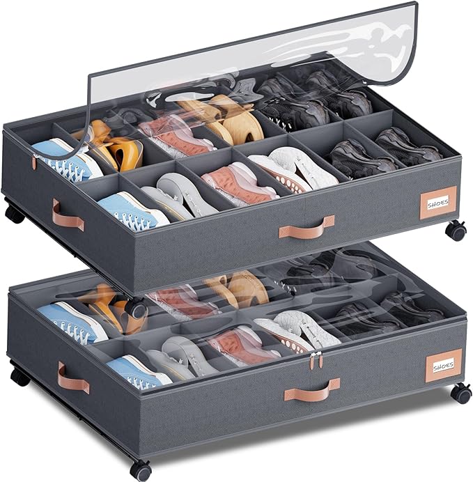 Under Bed Shoe Storage with Wheels, Set of 2, Fit 12 Pairs, Dorm Room Essentials, Shoe Organizer Under Bed Solution with Clear Window, Breathable, Shoe Organizer for Closet