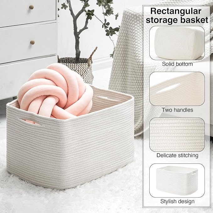 Large Rectangle Blanket Basket, Large Storage Basket, Cotton Rope Woven Baskets for Storage with Handles, Toy Baskets for Baby Nursery Living Room Bedroom, 22”x17”x12”, White, 75L