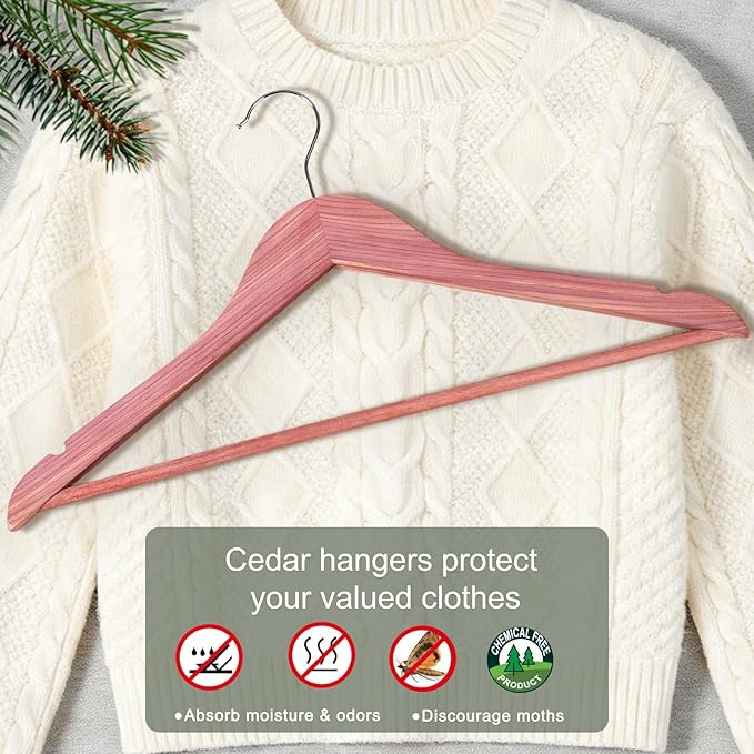 TOPIA HANGER 20-Pack American Red Cedar Wooden Hangers, Clothes Hangers for Closet, Wood Coat Hanger with Smooth Cut Notches, 360° Swivel Hook, Non-Slip Pants Bar-CT54C20