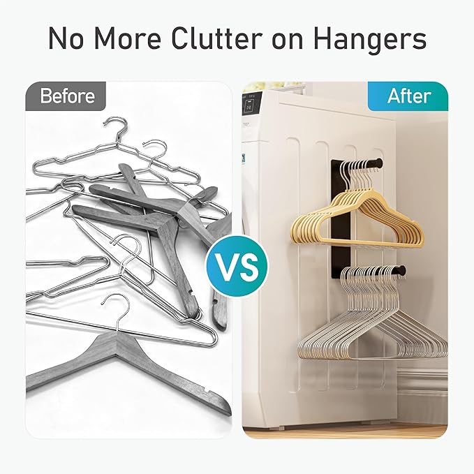 Hanger Organizer Stacker, Magnetic Hanger Holder, Retractable Hanger Storage Rack for Laundry Room Organization, Washing Machine and Dryer, Holds 50 Velvet/Wire/Plastic Hangers (Black)
