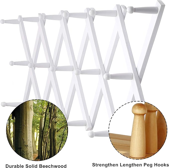 Dseap Accordian Wall Hanger: 16” High Wooden Wall Expandable Coat Rack, Hat Rack Holder, Accordion Hook for Baseball Caps, Coats, Mugs, 17 Peg Hooks, White