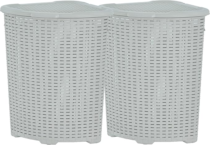 Plastic Corner Laundry Hamper with Lid, Curved Designed Laundry Basket, 2 Pack White Smoke Cloths Hamper Organizer with Cut-out Handles for Laundry Room Bedroom Bathroom, Wicker Design, 50 Liter