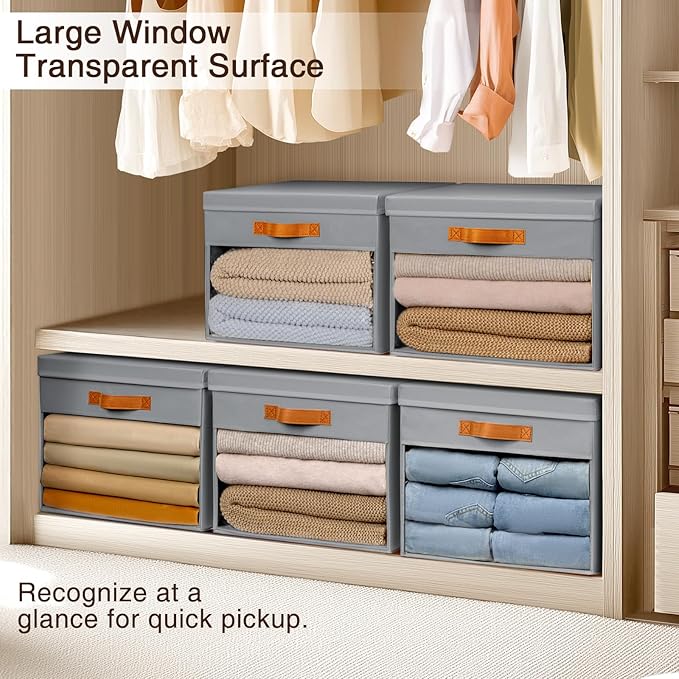 Large Storage Bins with Lids - 4 Pack Foldable Decorative Organizers with Clear Windows & Handles, Cube Storage Organizers for Clothes, Blankets, Sweaters, Sheets, Grey