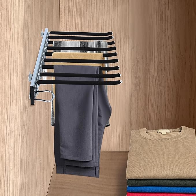 9 Arms Steel Slide Out Pants Rack Closet Pants Hanger Bar Pull Out Trousers Rack Tie Belts Scarf Racks, Wardrobe Clothes Organizers Rail Pull Out Closet Storage Rod-(Left Side Mounts)
