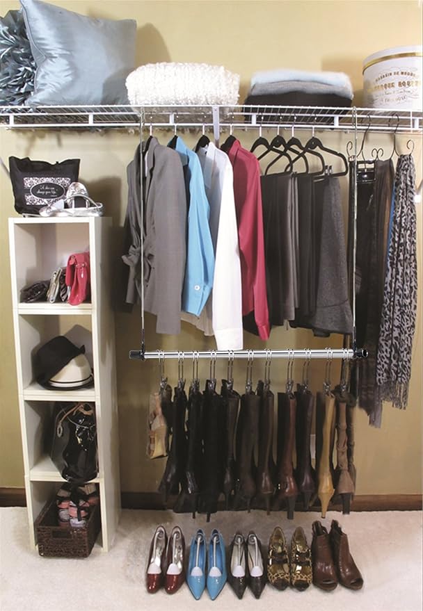 Hanging Boot Rack- Closet Doubler (Closet Rod Hanger with 6 Silver Boot Hangers)