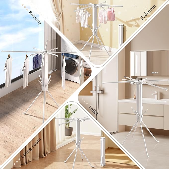 Four-Legged Clothes Drying Rack, Foldable & Collapsible Laundry Drying Rack, Drying Rack Clothing with Sock Clips & 4 Shoe Holders, Space-Saving Rack for Indoor and Outdoor Use