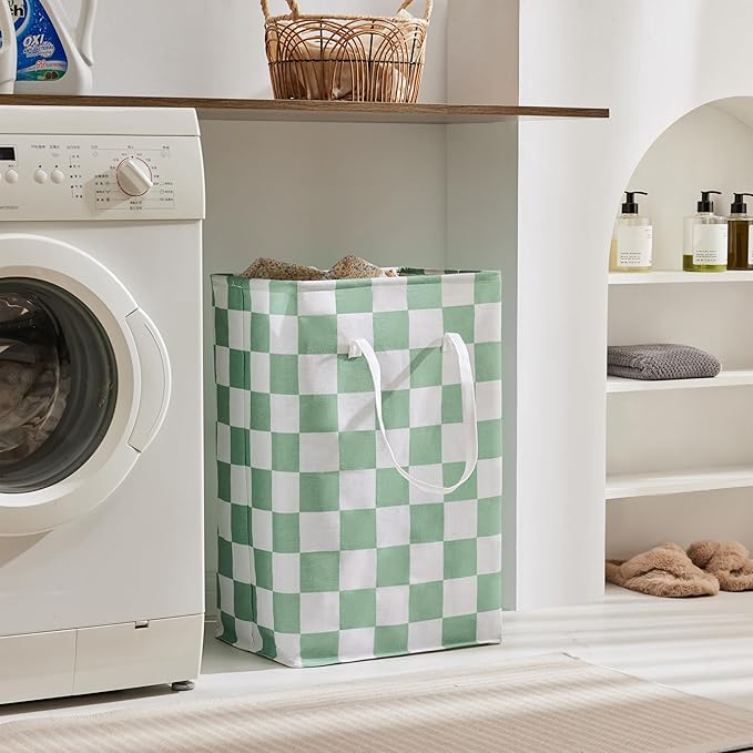Checkered Laundry Hamper, Pack of 2, Sage Green Aesthetic Cute Large Collapsible Cloth Hampers Basket for Storage Organization Cute Aesthetic, 2 x 75L