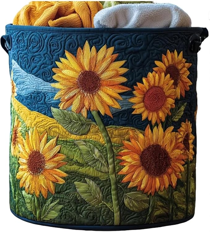 Quilted Laundry Basket with Handles, Boho Floral Fabric Storage Hamper, Large Soft Quilted Laundry Basket for Nursery, Bedroom, Laundry Room,Clothes & Toys (Floral Pattern D, L)