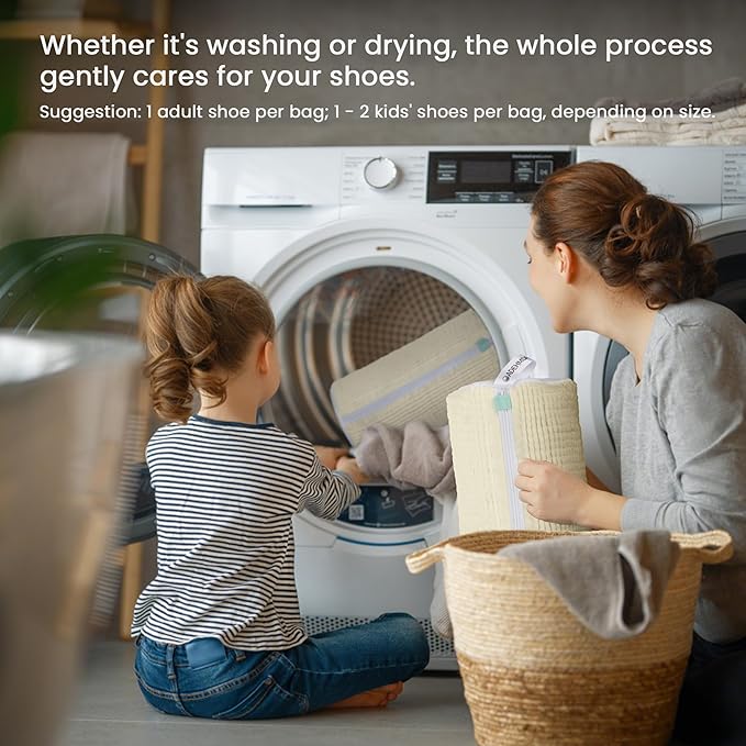 2Pcs Shoe Washing Machine Bag, Sneaker Laundry Bag for Washing Machine, Extra Long and Thick Microfibre Fluff, Reusable for Washer and Dryer (2pcs, Cream white)