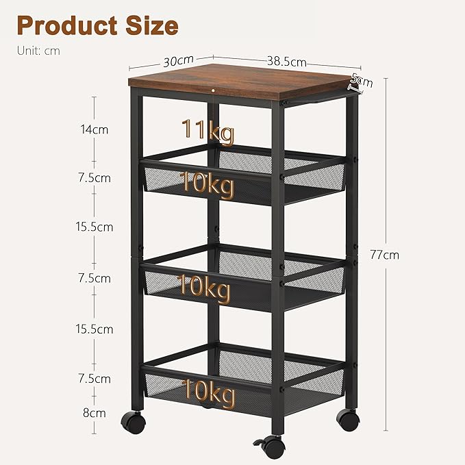 Hoctieon Rolling Storage Cart, 4-Tier 11.8" Wide Panel Kitchen Storage Cart, Utility Carts with Handle & Wheels, Mobile Shelving Unit, Metal Frame Narrow Carts for Home Kitchen, Laundry, Rustic Brown