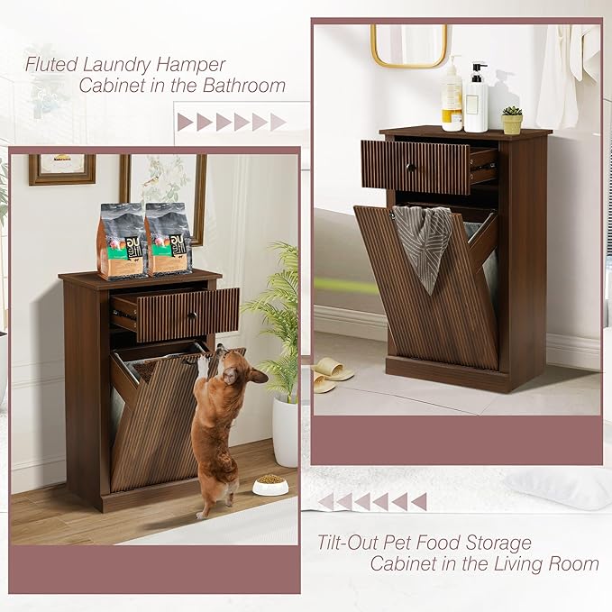 36" H Tilt Out Laundry Hamper Cabinet, Modern Fluted Trash Can Cabinets with Drawer, Wooden Hidden Garbage Cabinet for Kitchen and Bathroom (Brown, Single)