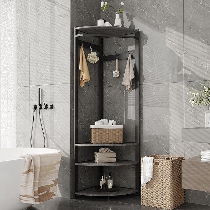 Hallway Coat Rack with 6 Double-Row Hooks and 4 Storage Shelves – Multifunctional Clothes Rack and Shoe Organizer Perfect for Entryway, Hallway and Closet, Rustic Gray & Black