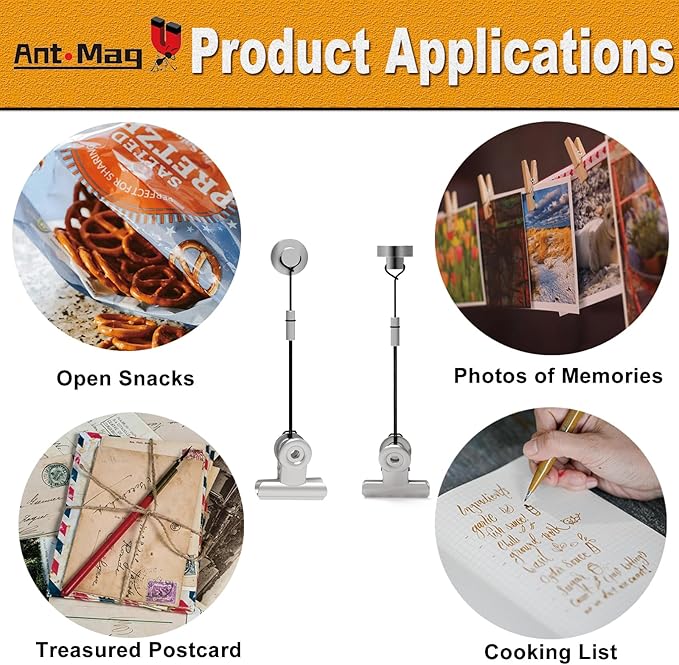 Ant Mag Magnets Clips for Hanging Metal Clips with Strings Perfect for Gloves Towels Hats Organization, Magnetic Clip for Fridge Locker Grill Indoor Outdoor Use 6 Pack