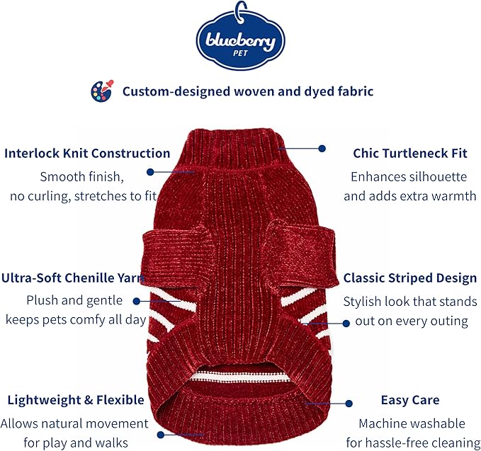 Blueberry Pet Cozy Soft Chenille Classy Striped Dog Sweater in Burgundy Red, Back Length 18", Pack of 1 Clothes for Dogs