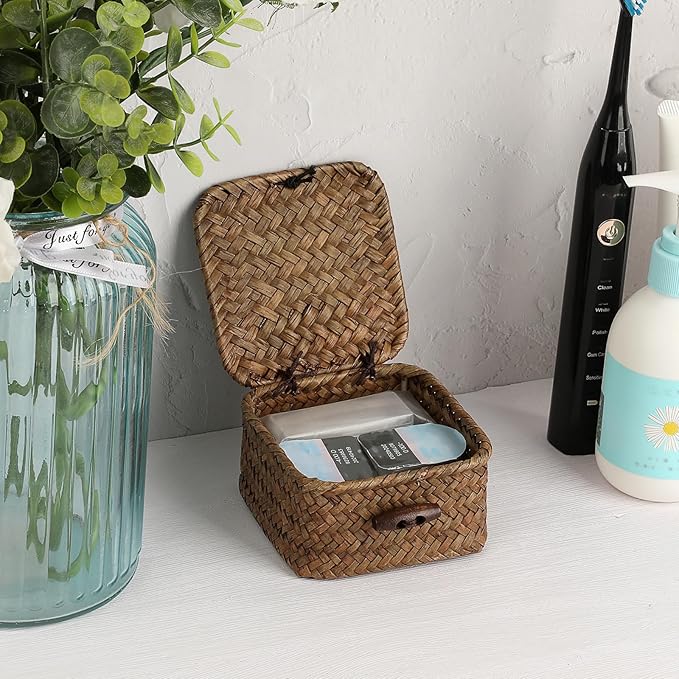 Mini Seagrass Basket Handwoven Small Wicker Basket with Lid Square Portable Storage Baskets for Key Jewelry Decorative Organizer Box for Shelf, 3.5"L x 3.5"W x 2"H