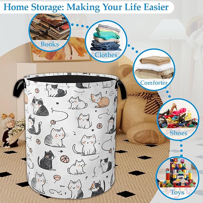 Cartoon Cat Laundry Basket Collapsible Laundry Hamper Oxford Storage Bin for Clothes Storage, Toy Organizer, Books and Sundries 16" X 20.8"