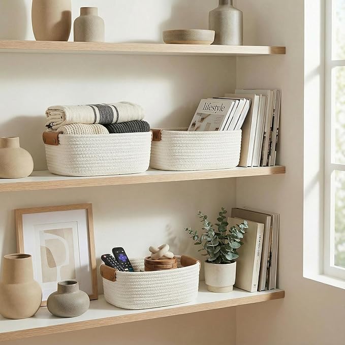 Beautiful Storage Basket Set of 3 - Sturdy Cotton Rope Baskets for Shelves Are Perfect for Organizing Your Home - Quality Storage Bins Easily Fit With Any Nursery or Bedroom Decor