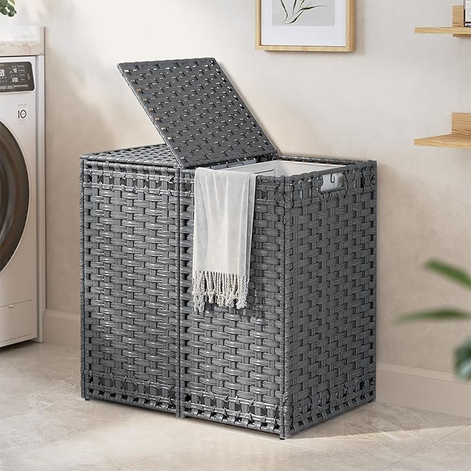 170L Foldable Laundry Hamper with Lid - Handwoven Rattan Storage Basket, 2-Section Clothes Hamper w/2 Removable Liner Bags, Easy Assembly, Portable for Bedroom Bathroom Dorm,Grey
