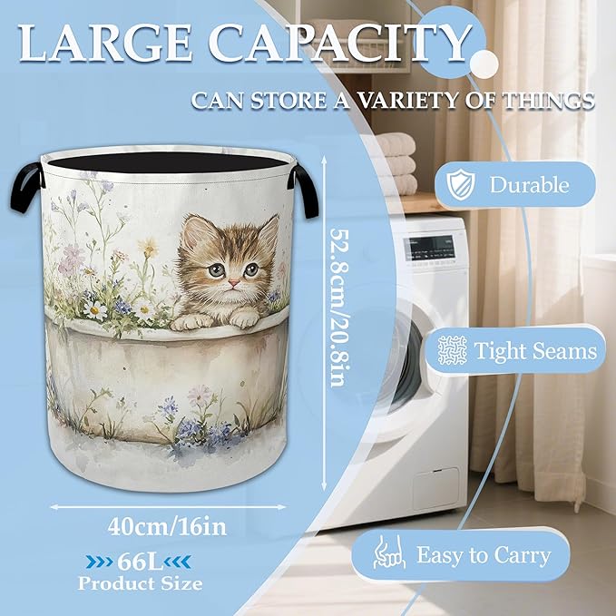 Cute Cat Laundry Hamper Bathtub Flowers Laundry Basket Collapsible Portable Clothes Toy Storage Bin for Bathroom Bedroom Room Decor 16 X 20.8 Inch