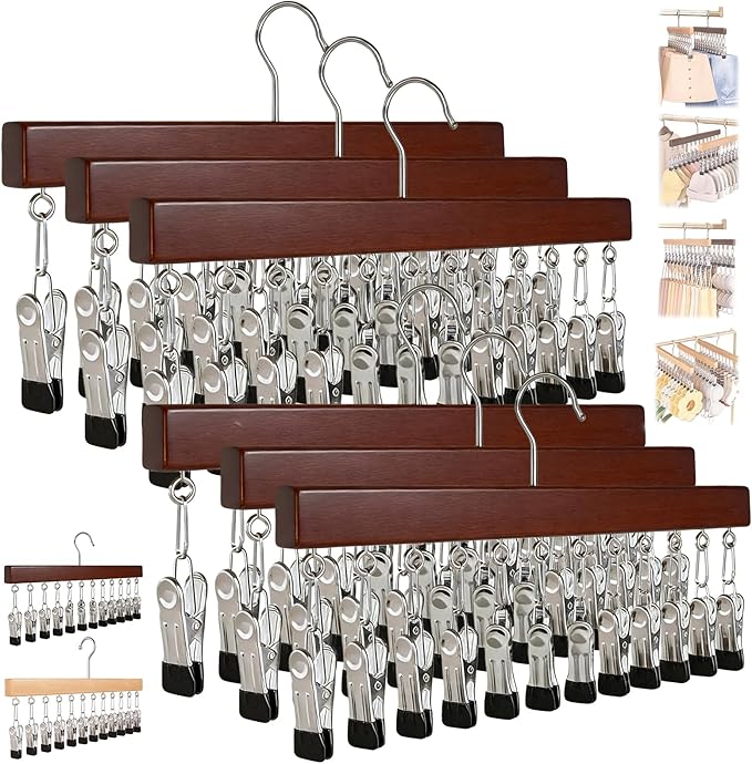 2026 New Closet Organizer with 10 Clips - Space Saving Hanging Closet Organizer, 12 Clips, Closet Organizers and Storage, 360° Rotating, for Jeans, Hats, Shorts, Socks (Brown*6)