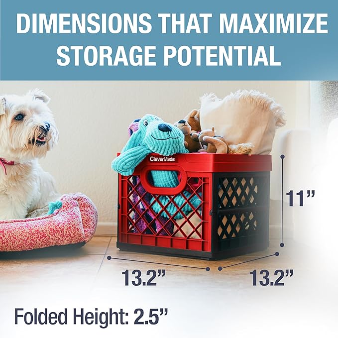 CleverMade Collapsible Milk Crate 25L (6.6 Gal), 50 lb Heavy Duty Folding Crate – Stackable Storage Crates with File Rails, Plastic Collapsible Crates for Storage - Red