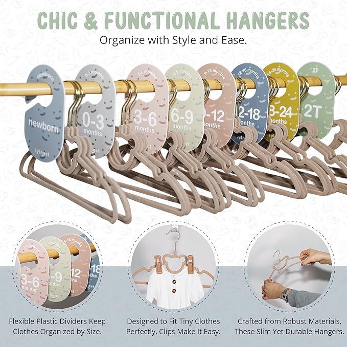 Velvet Baby Hangers with Clips – Organize Baby Clothes by Age with Size Dividers – Save Closet Space for Newborn to Toddler Outfits – Perfect Nursery Must-Have (Dune)