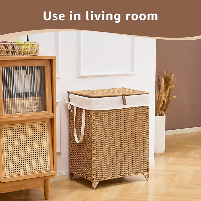 Handwoven Laundry Hamper with Lid, Natural Hyacinth Heightened Feet Laundry Basket, Wicker Clothes Hamper with Removable Liner Bag (Wicker, 90L)