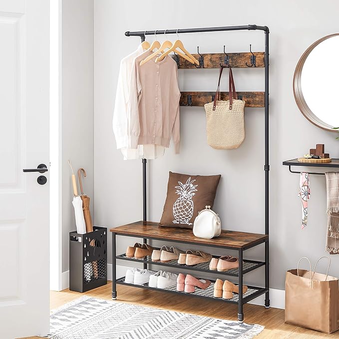 VASAGLE DAINTREE 3-in-1 Entryway Coat Rack and Storage Bench, Pipe Style Hall Tree with 9 Hooks, Multifunctional, Sturdy Steel Frame, Large Size, Industrial, Rustic Brown and Black UHSR47BX