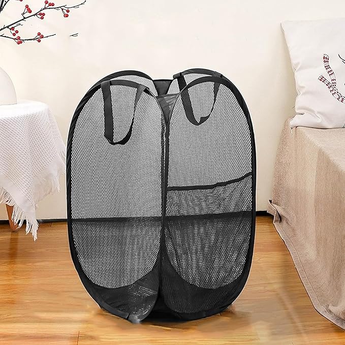 Pop Up Laundry Hamper Pack of 2 Mesh Collapsible Laudry Baskets with Side Pocket and Handles, Easy to Carry for Cruise, Home, Dorms, Laundry Room (Black+Rose red)