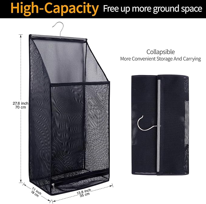 Hanging Collapsible Breathable Mesh laundry bags,Fast Drying Portable Space Saving Laundry Hamper for dorm,Rv Laundry Hamper Storage (Black)