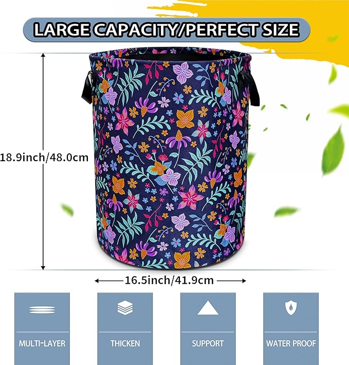 Flowers Laundry Basket Floral Foldable Oxford Cloth Funny Tote Bag Laundry Hamper Clothes Storage Bucket Toy Organizer For Bathroom/Laundry Storage/Bedroom 18.9x16.5 Inch
