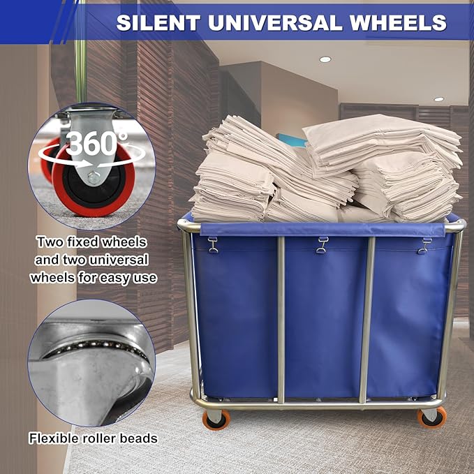 420L Commercial Rolling Laundry Cart with Wheels, 440 Lbs Heavy Duty Stainless Steel Frame Hamper, Extra Large Laundry Basket with Removable Waterproof Liner Bag for Hotel, Hospital & Dorm, Blue