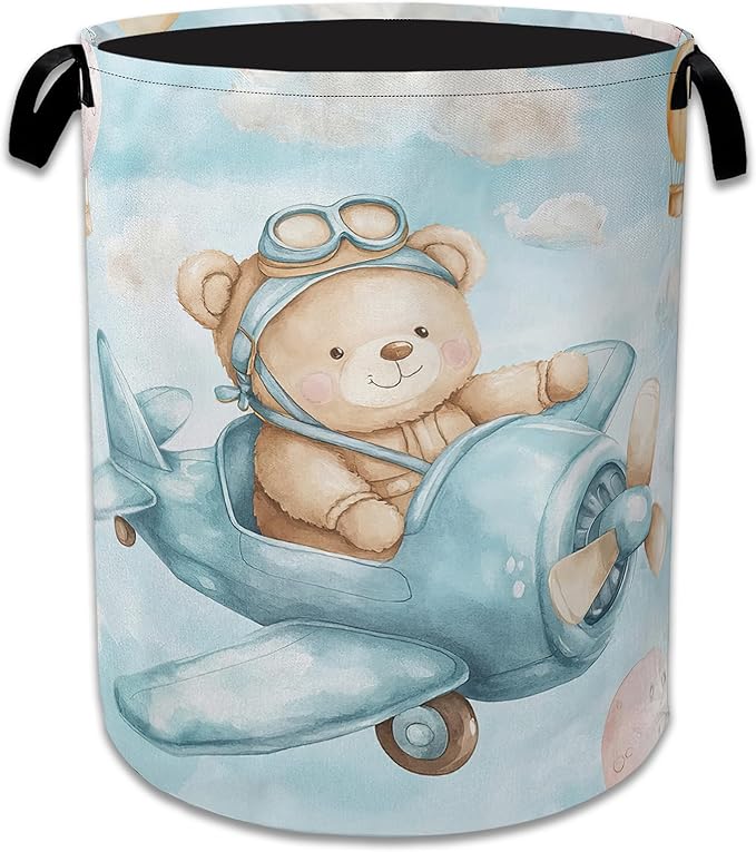 Blue Bear Pilot Laundry Hamper Balloon Collapsible Laundry Basket Portable Clothes Toy Storage Bin for Bathroom Bedroom Room Decor 16 X 20.8 Inch