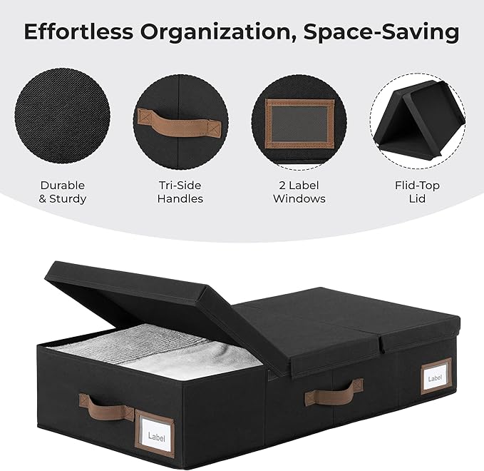 Cupic Cupid 6.5" Foldable Underbed Storage Box with Lid, 58L Standard Under Bed Storage Containers with Reinforced Bottom for Bedroom Closet Organization, Sturdy Clothes & Shoe Organizer,2 Pack,Black