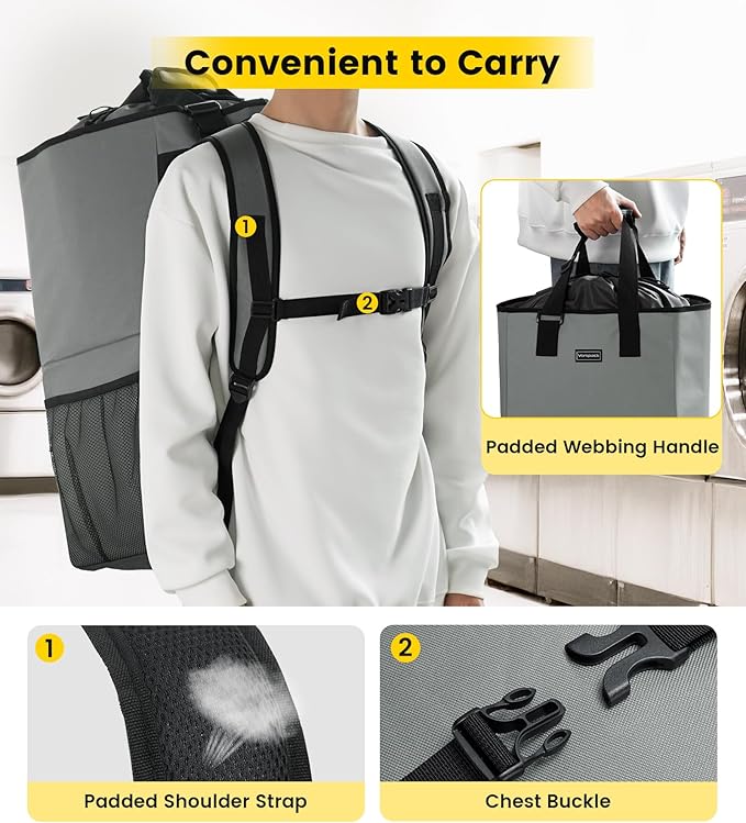 Vorspack Laundry Bag Backpack - Extra Large Laundry Bags with Shoulder Straps Heavy-duty 2 in 1 Laundry Hamper Basket for College Dorm Camp Laundromat Room Essentials - Grey