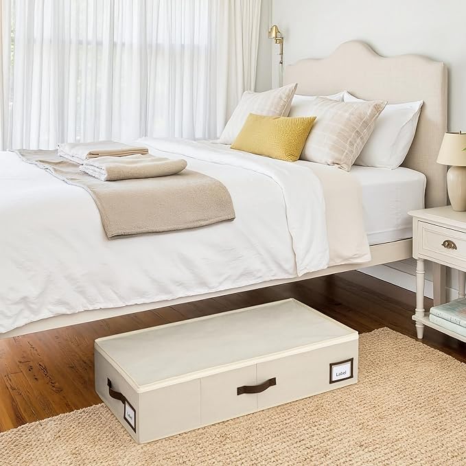 GRANNY SAYS 6.5-Inch Foldable Underbed Storage Box with Lid, Sturdy Frabic Organizer with Reinforced Bottom for Clothes, Shoes, Low-Profile Underbed Container for Bedroom, Closet,2 Pack, Beige