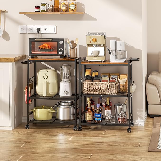 Kitchen Cart with Adjustable Shelves 3-Tier, Rolling Microwave Cart with Push Handle, Microwave Storage Stand with Drawer Slider Shelf, Utility Cart for Kitchen, Restaurant, Living Room, Office