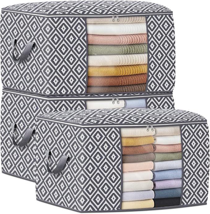 Direct 100L, 3 Pack, Storage Containers, Large Clothes Storage Bins Foldable Organization and Storage Bags with Reinforced Handle, Clear Window for Bedding, Blankets, Clothing, Grey