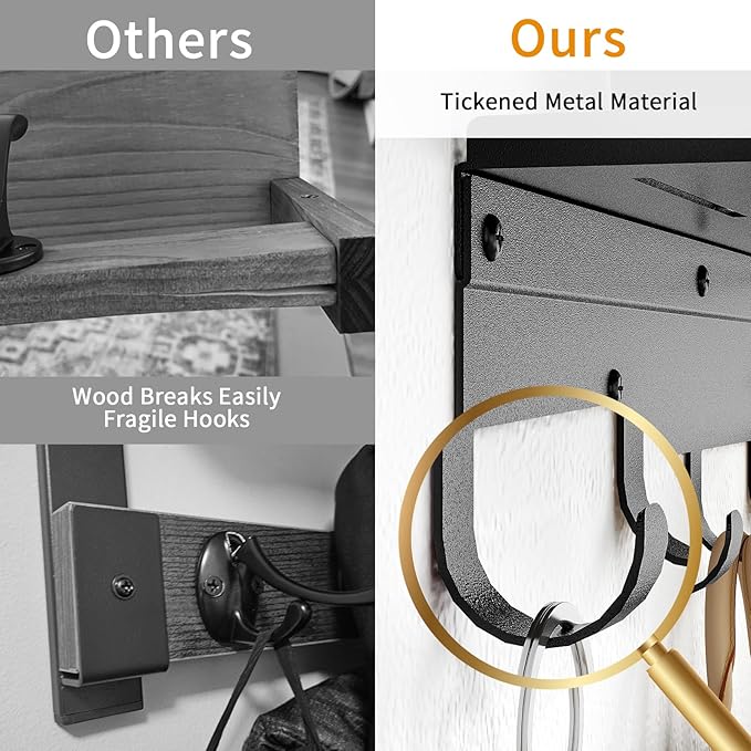 Wall Shelf with Hooks, Metal Coat Rack Wall Mounted with 5 Hooks, 17 Inch Clothes Hooks Entryway Coat Hangers Storage Clothes, Bags, Purse, Keys for Living Room, Bedroom, Black