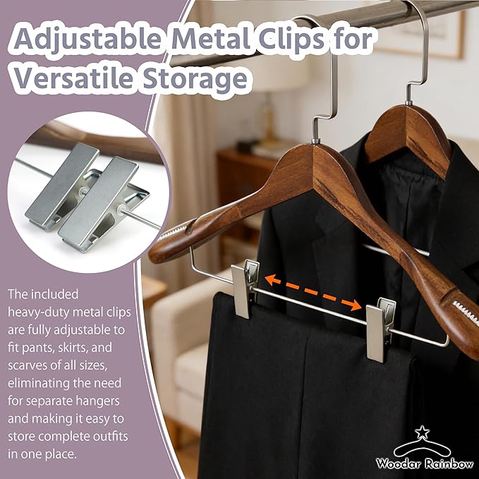 Luxury Wide Shoulder Wooden Coat Hangers with Pants Bar, Clips, Solid Wood Jacket Clothes Hangers Smooth Finish for Sweater Suit Dress Pants Sport Coats (Dark Brown, 6 Pack)