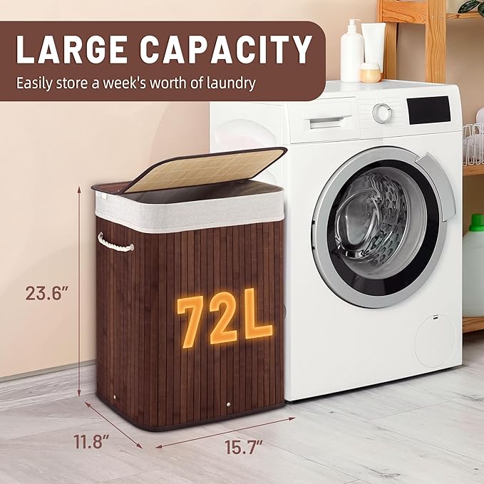 72L Slim Laundry Hamper with Lid, Foldable Bamboo Clothes Laundry Basket with Handles, Removable and Machine Washable Liner, for Bedroom, Bathroom, Dorm, Brown