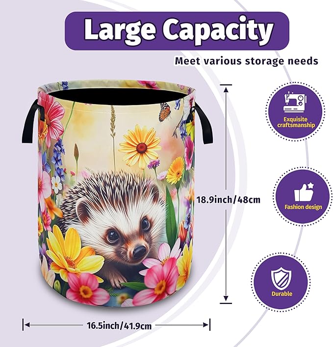 Hedgehog Laundry Basket Oxford Cloth 18.9H x 16.5Dia Foldable with Reinforced Handle Portable Colorful Flowers Storage Organizer for Home Laundry/Bedroom/Kids Room