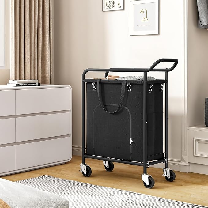 Laundry Basket with Wheels,150L Large Rolling Laundry Hamper, Heavy-Duty Laundry Cart Sturdy Metal Frame with Handle, Minimizes Bending Easy Access Clothing for Bedroom, Bathroom, Laundry Room (Black)