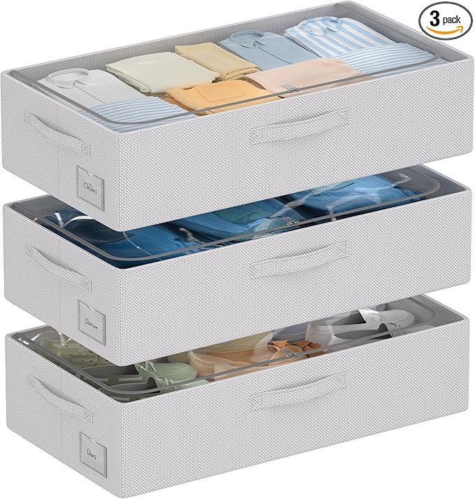 CYhom 3Pcs Under Bed Storage Bins with Metal Frame - Shoe Organizer for Closet with Clear Cover Oxford Fabric Sturdy Underbed Container Foldable Stackable Clothes Organizer (Grey, 23.5x11.8x6.3)