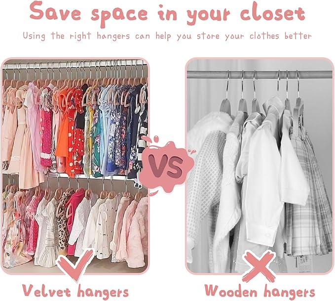 GOSCHE Baby Hangers 11 inch, Toddler Velvet Hnagers, Non-Slip for Baby and Children Clothes, Durable Ultra-Slim Space-Saving Closet Organizers, Pink, 30 Pack