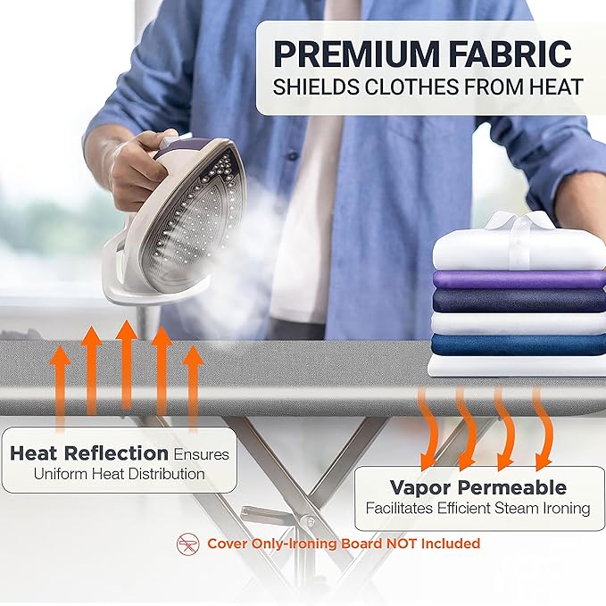 Ironing Board Cover and Pad 18"x49" Extra Thick Natural Cotton, Scorch and Stain Resistant Iron Board Cover, Wide Ironing Board Cover with Fasteners Heavy Duty Heatproof Elastic Edge Gray
