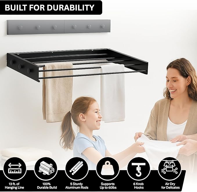Wall Mounted Drying Racks for Laundry (31.5 Inches Wide) – Retractable Clothes Drying Rack Wall Mounted with Carbon Steel Panel 6 Knobs & 5 Aluminium rods, Wall Drying Rack with Screws (Black)